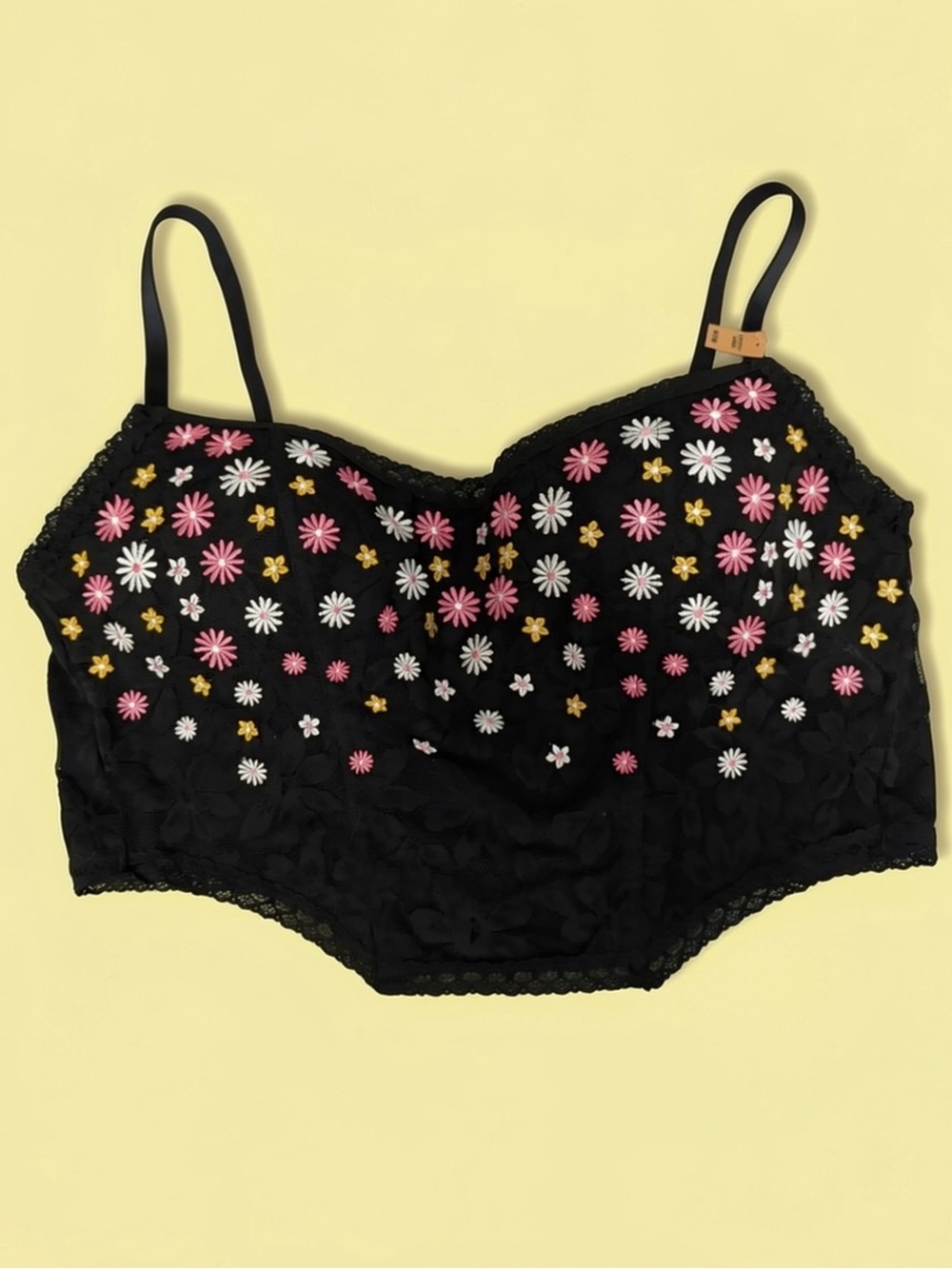 PINK Victoria's Secret Black Bralette with Pink, White & Yellow Daisy Embroidery